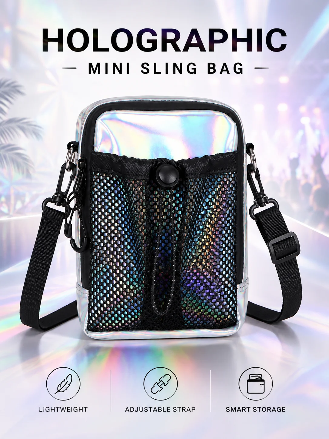 Holographic Crossbody Phone Bag for Women, Hands-Free Mini Cell Phone Purse with Mesh Pocket for Music Festivals and Concerts