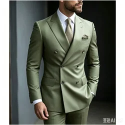 Sage Green Men's Wedding Suits Solid Color 2 Piece Daily Plus Size Double Breasted Six-buttons Formal Business Suits