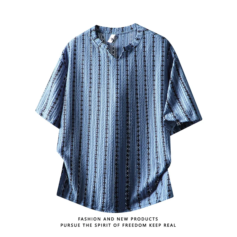 Summer Men's Short-Sleeved American Check Open-Weave V-Neck T-Shirt