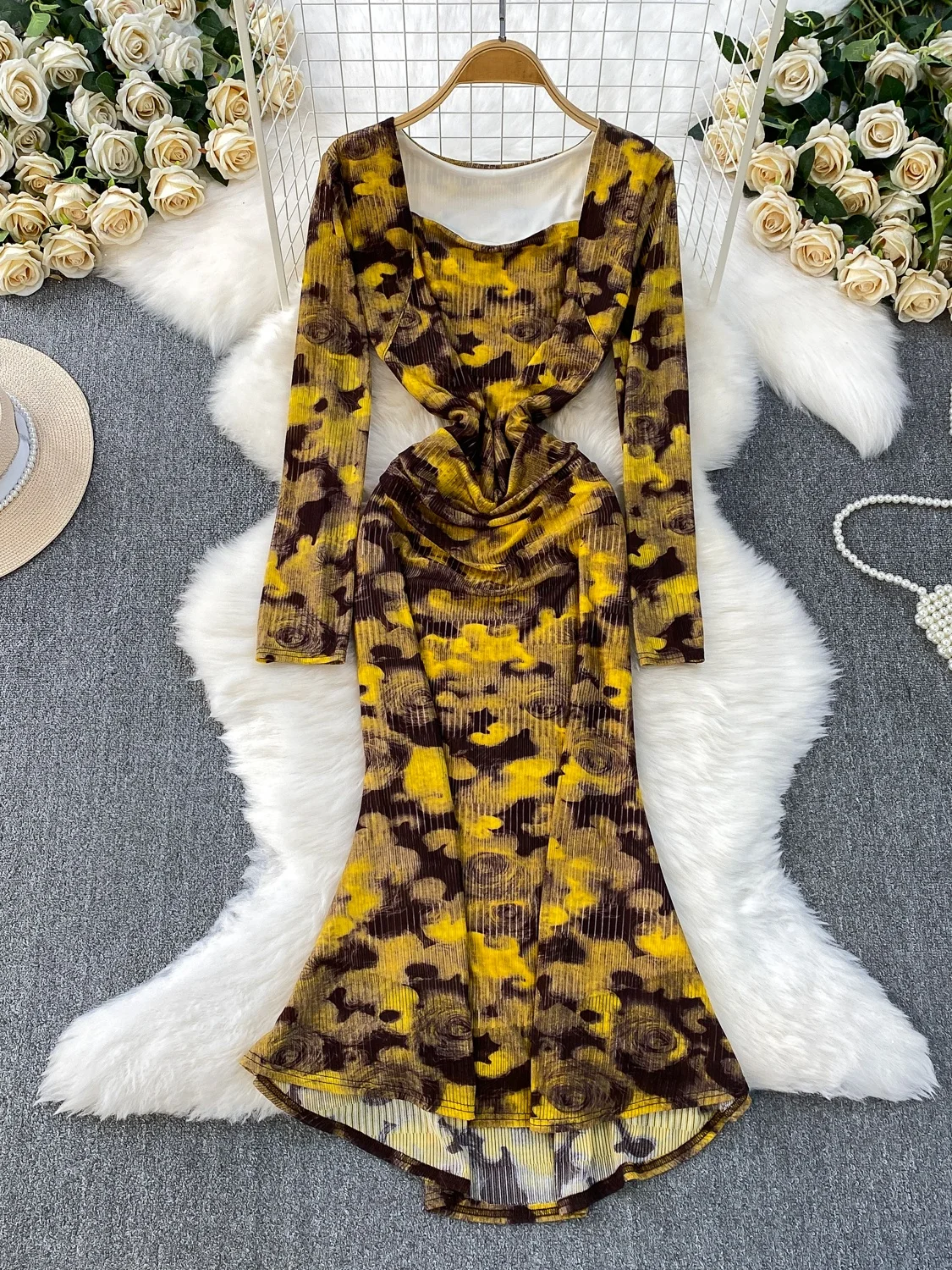 

Женское осеннее платье с длинным рукавом и квадратным вырезом, с присборенной талией, принтованное, с высокой талией, А-силуэт, юбка-годе