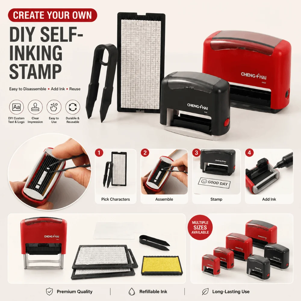 Automatic Ink Return DIY Stamp Kit Plastic Multi-size Self Ink Stamp Set Red Black Letters Plate Monogram Printing Stamp