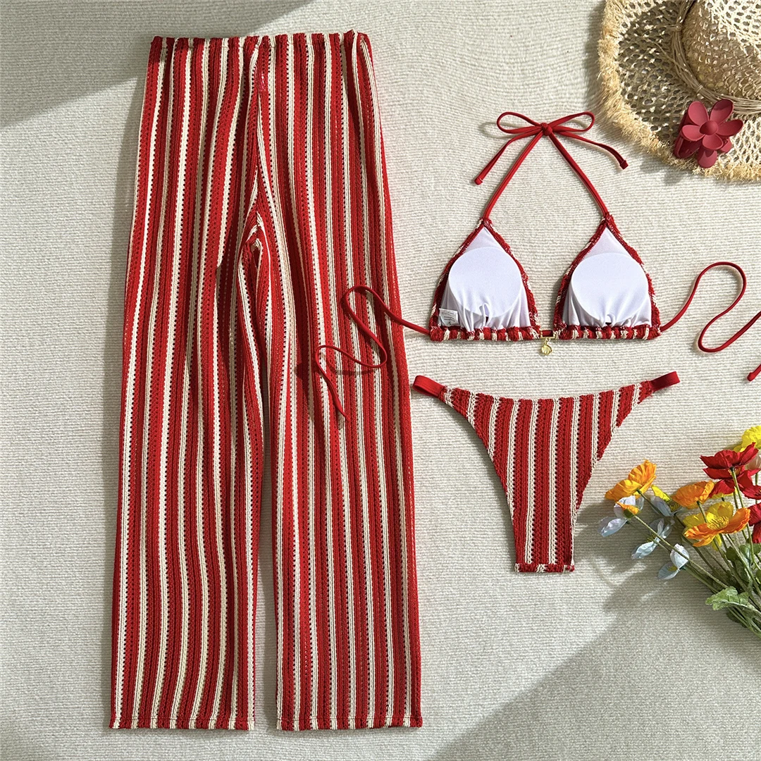 5 Farben mit Hose, gestreifter Neckholder-Bikini, Damen-Badebekleidung, dreiteiliger Bikini-Set, Badeanzug, Badebekleidung, Schwimmbekleidung V7838P – Detail 18