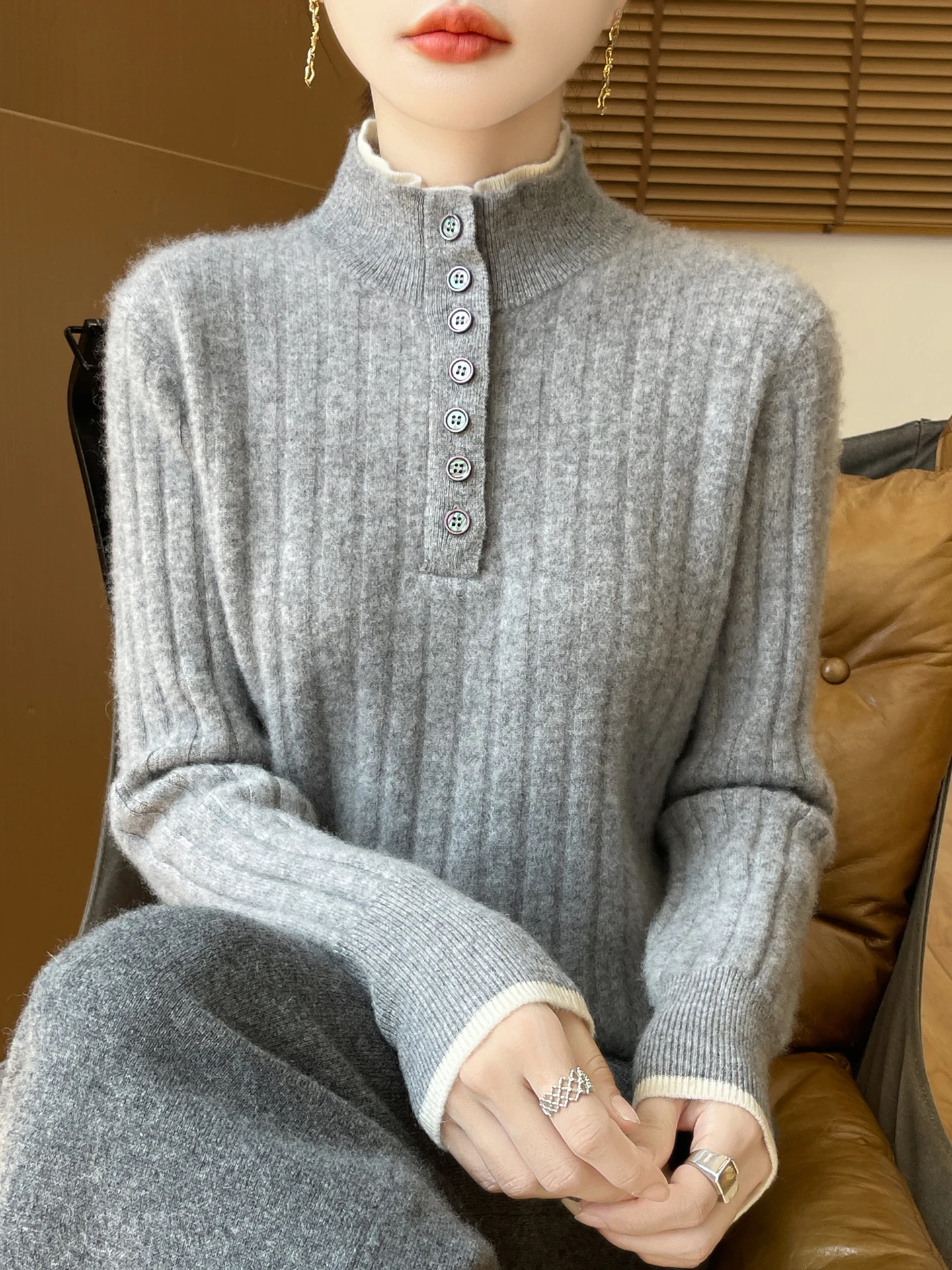 Autumn Winter 100% Merino Wool Women Half Zip Sweater Soft Fuzzy Knit Stand Collar Pullover Warm Casual Loose Y2K Top