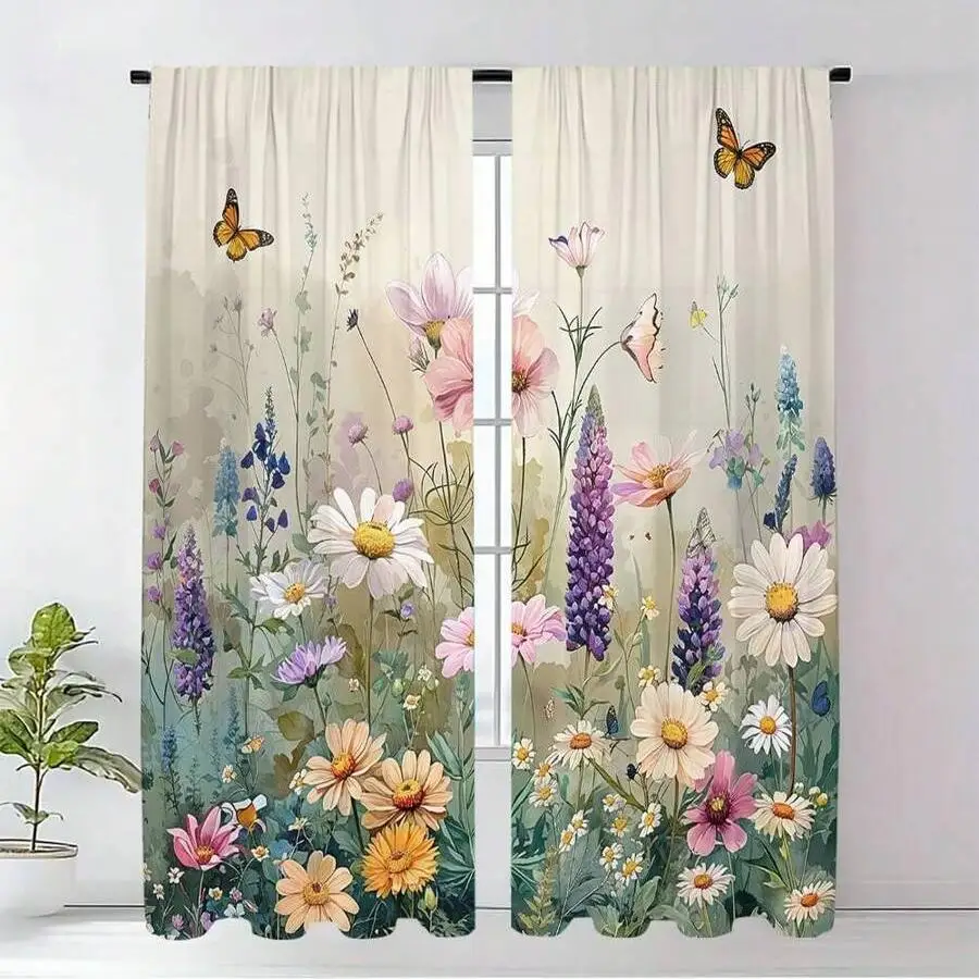 Bohemian Floral Botanical Curtains Pair Window Drapes Cottagecore Spring Style Aesthetic Bedroom Living Room Decor 2pcs