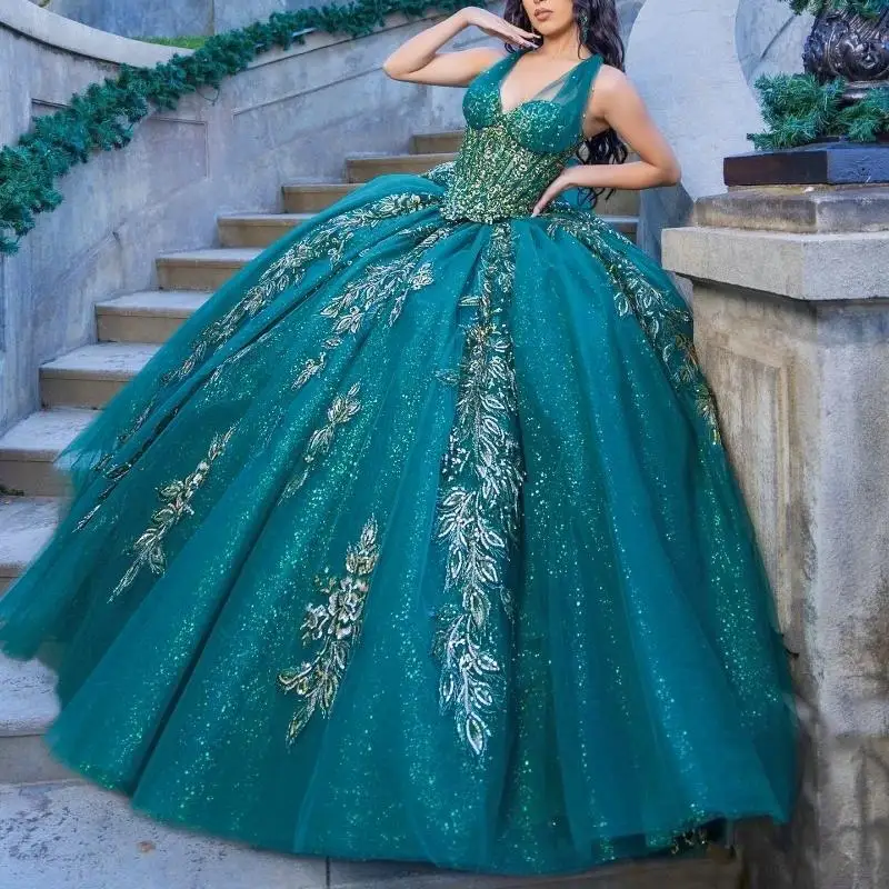 Emerald Green Tassel Ball Gown Quinceanera Dresses Off The Shoulder Sequined Appliques Lace Beads Vestidos De 15 Años Sweet 16