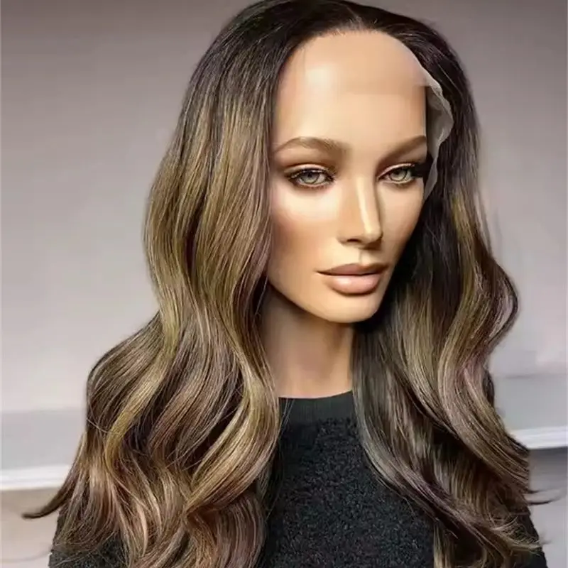 

Парики для вечеринок Высококачественный синтетический парик спереди Коричневый блондинка Balayage Ombré Парик с темными корнями Парик из смеси человеческих волос Косплей
