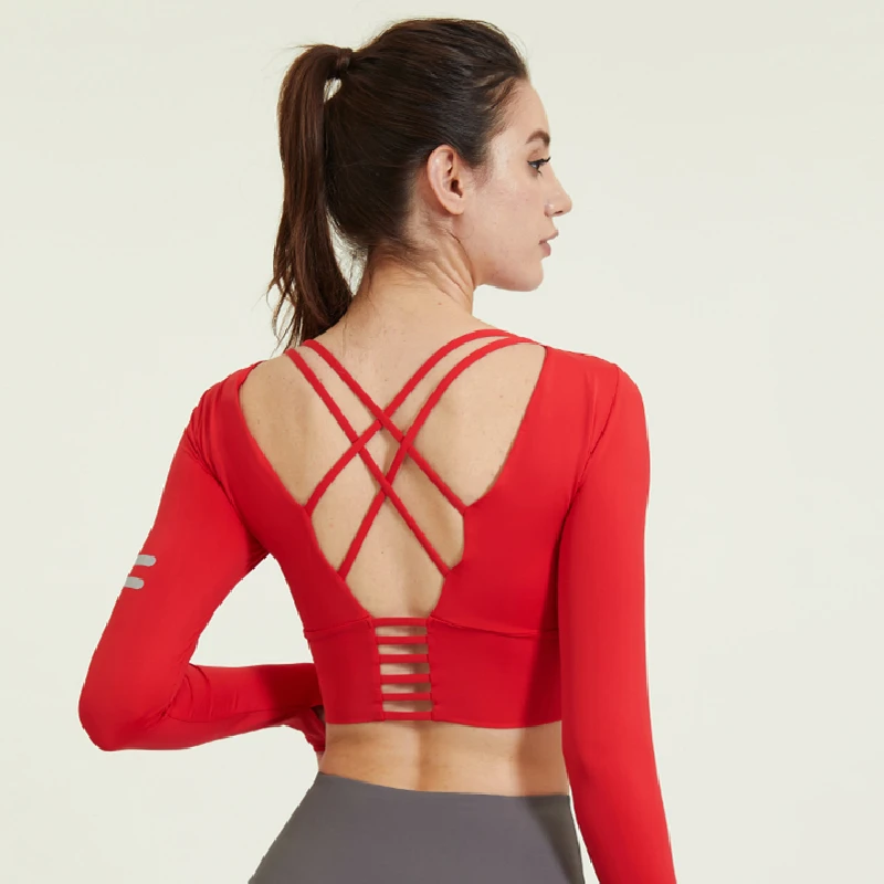 Women Yoga Shirt Hollow Back Cross Straps Long Sleeve Blouse Sexy Girl Sport Gym Top Running T-Shirt Winter Fitness Sportswear