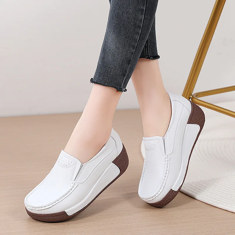 2023 New Spring Autumn Women Thick Bottom Shoes Flat on Platform Casual Shoes Leather Shoes Sewing Round Toe Zapatos Mujer 41 42