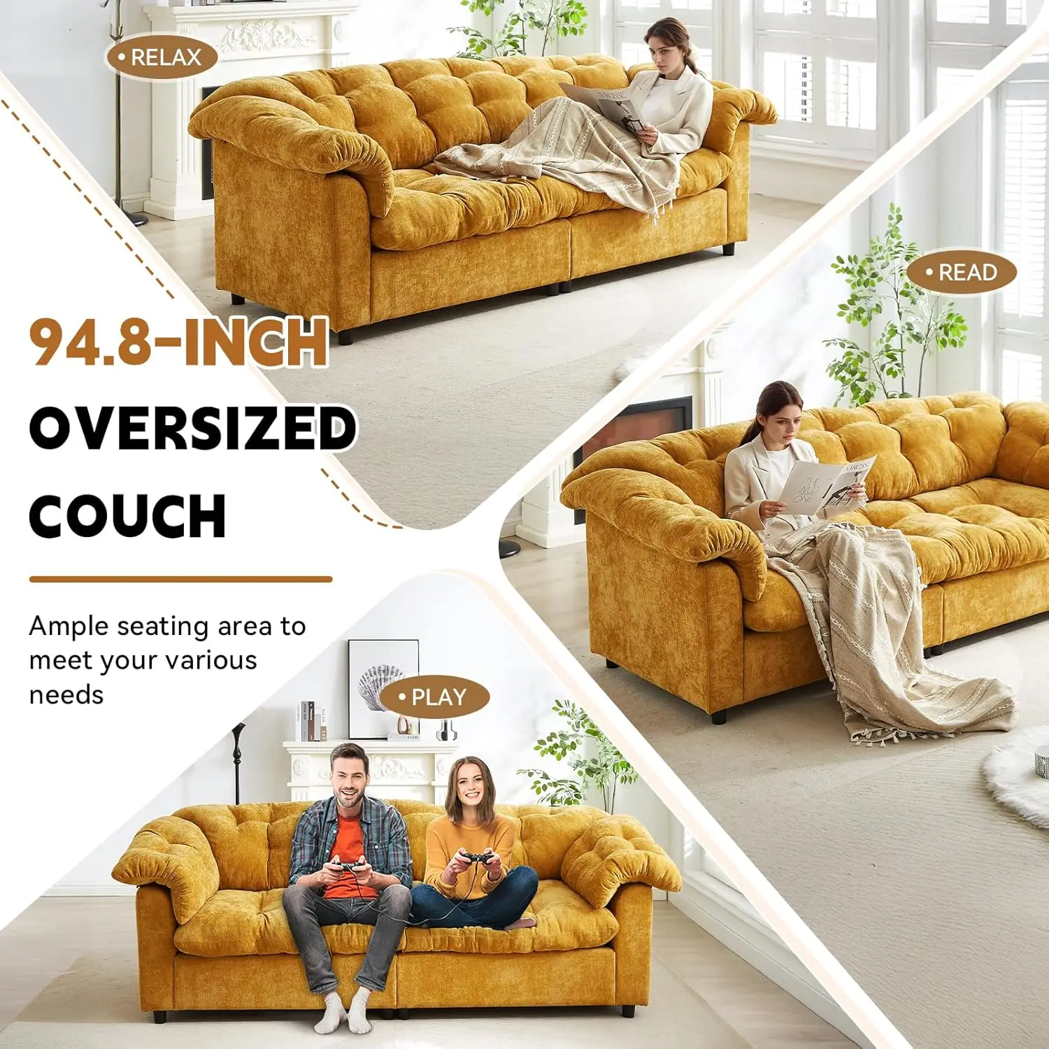 Sofá de 3 lugares, 94,8 polegadas, moderno, confortável, tufado, tecido de chenille, nuvem, espuma macia, assento profundo, sofá de loveseat macio para