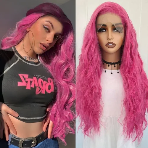 Peluca sintética ondulada y rizada de color rosa largo, parte libre de cabello Natural, rosa, rojo, rosa, onda de agua de color rosa intenso, pelucas frontales de encaje 13X4 para mujer