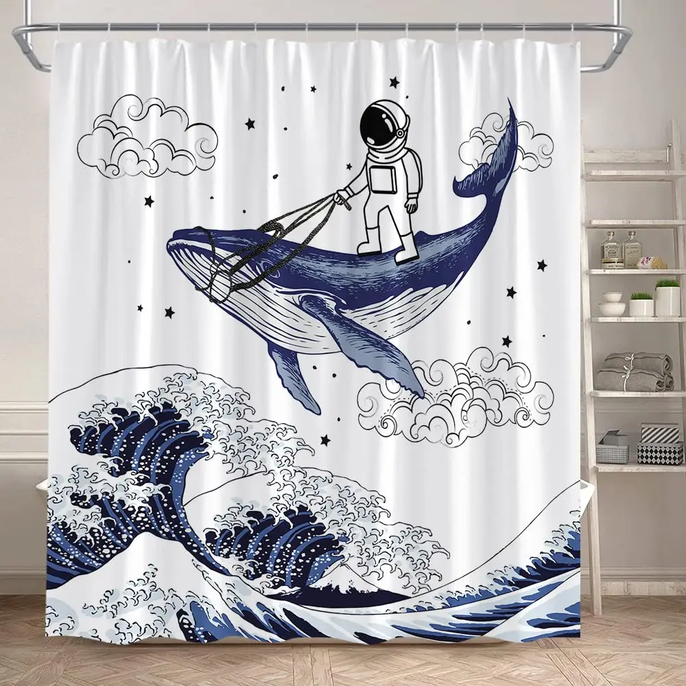 Funny Astronaut Riding Whale Shower Curtains Mountain Misty Forest Kids Galaxy Stars Shower Curtains for Bathroom with 12 Hooks