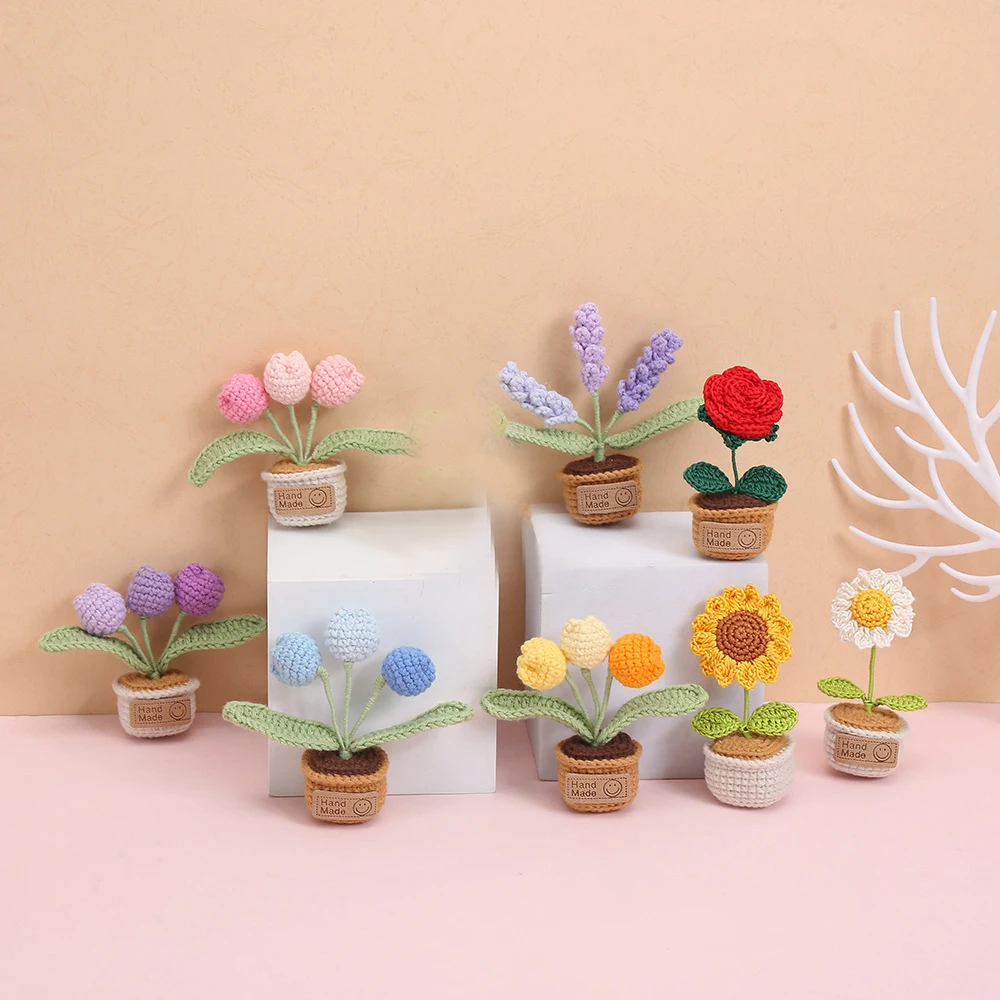 Niedlicher Gehäkelter Blumen-Kühlschrankmagnet, Mini-Tulpe im Topf, Autodekoration, Handgewebte Blume im Topf, Kühlschrankdekoration – Detail 1