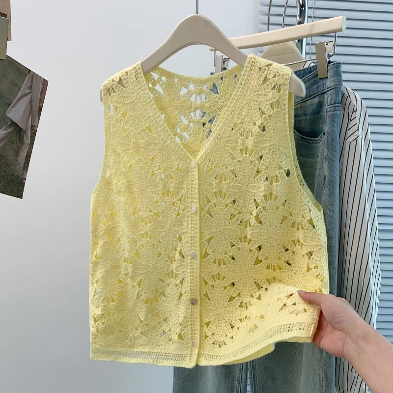 Bohemian Holiday Knitted Hollow out Women's Vest Outerwear Cotton Polyester Blend Short Length Single Button Closure