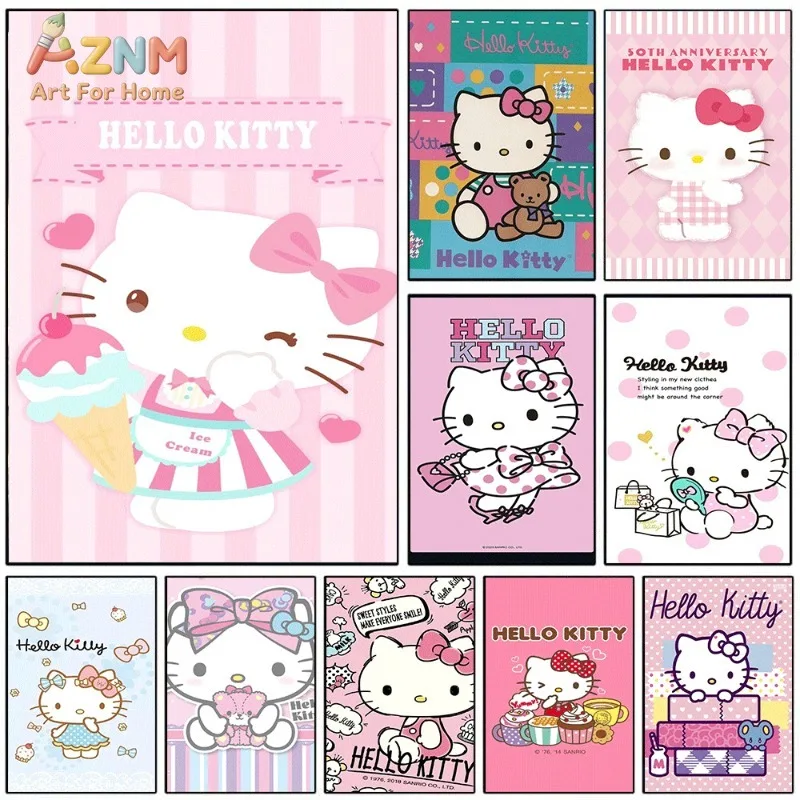 Hello Kitty Canvas Poster Cute Sanrio Cartoon Print Unframed Canvas Art Ice Cream Pink Stripe Sweet Kawaii Aesthetic Wall Decor