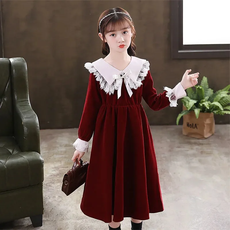 2024 teens Children Clothes spring Autumn Girls Christmas Dress Kids Long Sleeves wine red lace cuffs princess pearl 4 12 year