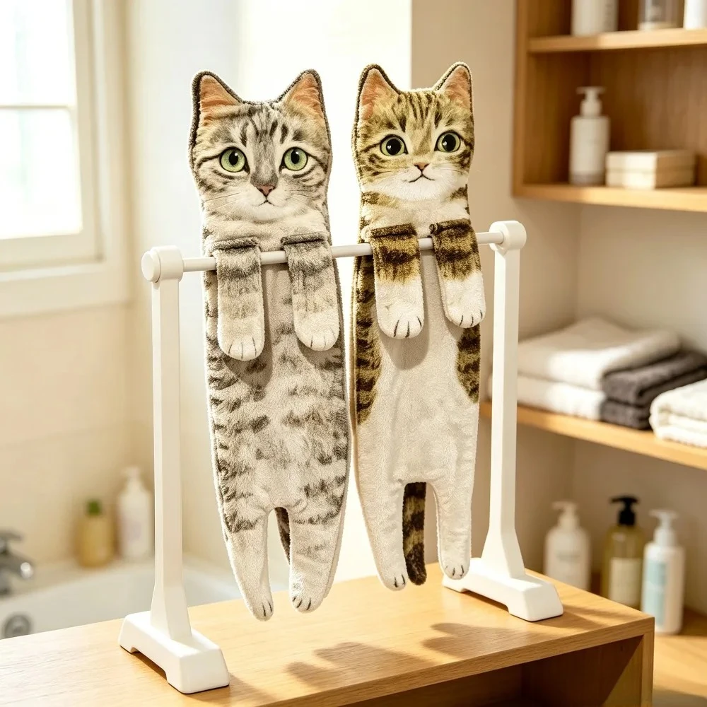 Funny Cat Hand Towel Ball with Hanging Loop Quick Dry Soft Absorbent Microfiber Kitchen Bathroom Washcloth Creative Home Decor