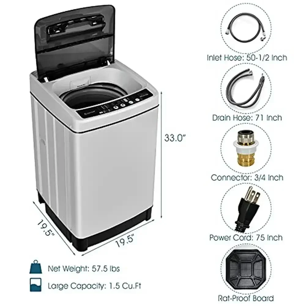 Compact Full-Automatic Mini Washer & Spin Dryer 1.5 Cu.Ft Capacity Laundry Machine with 8 Programs & Stainless Steel Drum