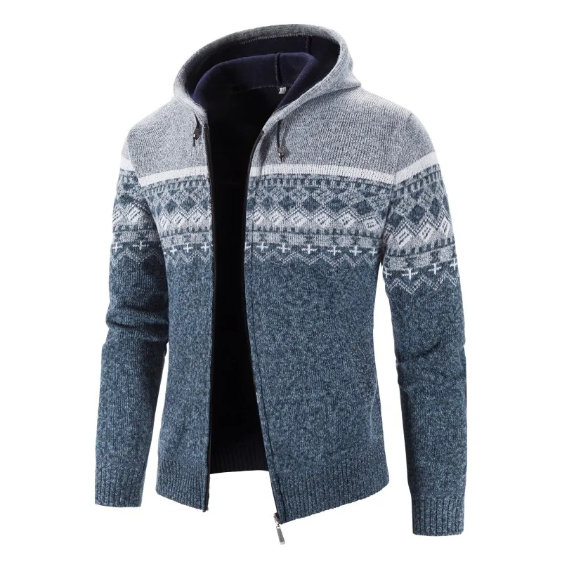 

New Autumn Winter Men's Casual Hooded Cardigan Zipper Knit Sweatercoat Thick Jacket Sweater Hooded Knitted Jackets Mens Clothing