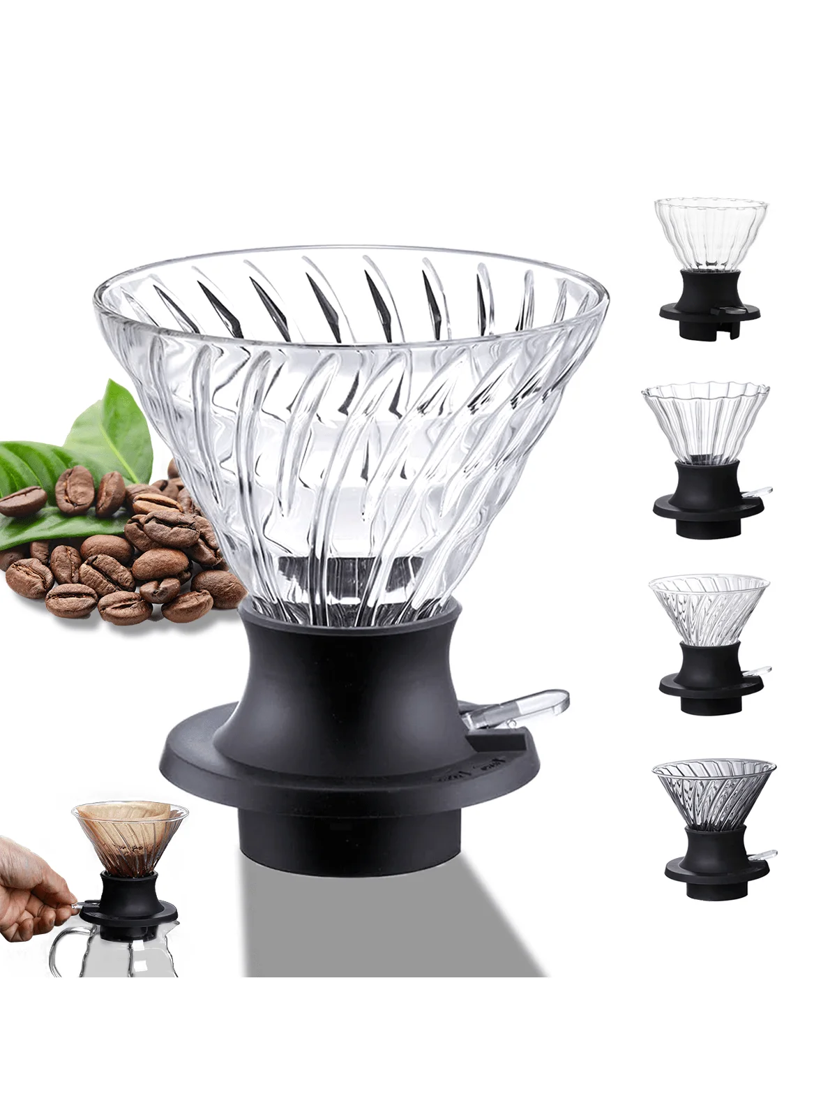 1pc Coffee Filter Immersion Coffee Dripper Glass Pour Over Coffee Pot with Push Button Switch,Filter Cup Hopper for Coffee Lover