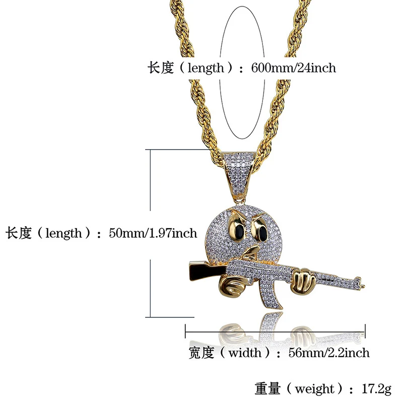 AAA+ Cubic Zirconia Paved Gold Silver Color Two Tone Bling Iced Out Gun Expression Pendants Necklace for Men Hip Hop  Jewelry
