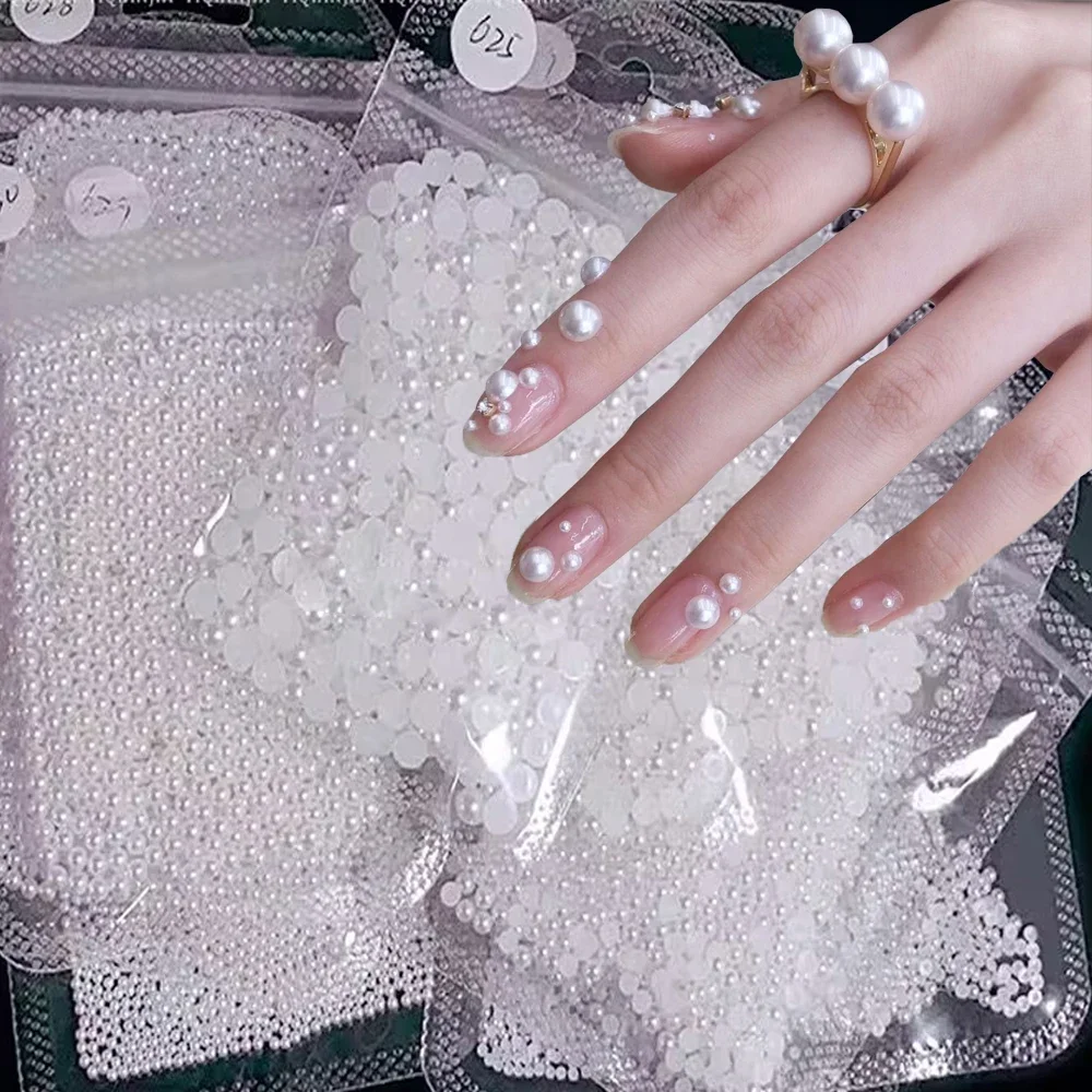 

500-1000 шт./пакет жемчуг белые бусины подвески для ногтей горный хрусталь полукруглые смешанные размеры бежевый жемчуг с плоской задней частью для украшения маникюра «сделай сам»