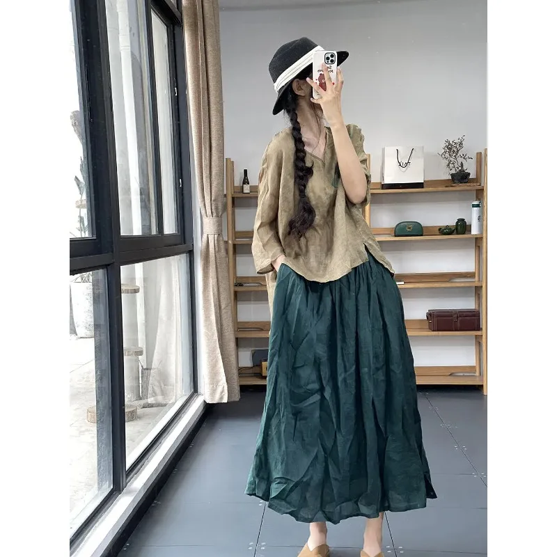 

Women's Casual Linen Two Piece Set V Neck 3/4 Sleeve Top Elastic Waist Maxi Skirt Loose Fit Summer Outfit