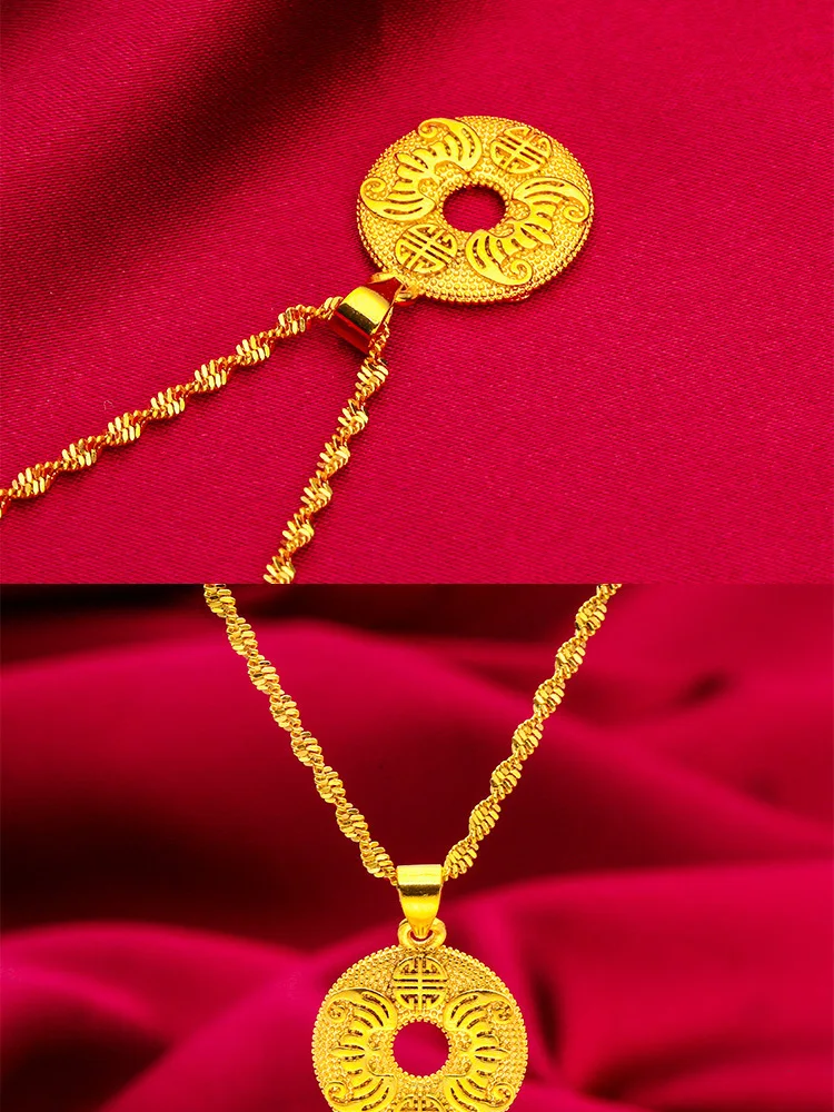 24K Gold Peaceful Quiet Pendant AU999 Soft gold, round plain Peaceful Quiet Pendant with Slim Gold Chain, simple and atmospheric