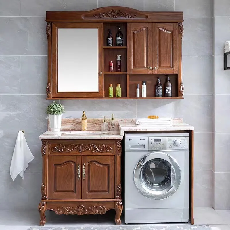 

Тумба для ванной комнаты, комбинация с интегрированной стиральной машиной и раковиной, тумба с отделкой из красного дуба, раковина для ванной комнаты