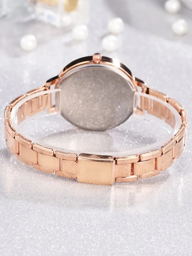 6 Stuks Modieuze Casual Minimalistische En Veelzijdige Vrouwen Roségouden Stalen Band Quartz Polshorloge Met Armband Armband