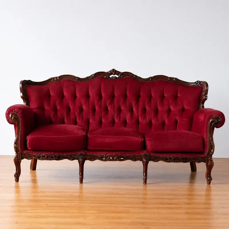 Solid Wood Three Seater Sofa with Carved Details and Velvet Upholstery Light Luxury Fabric Buckle Design Living Room
