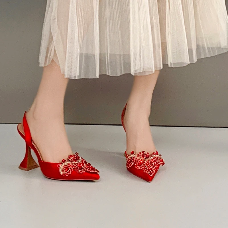 Summer Sandals Women Rhinestone Hollow Pointed Toe Pumps Fashion High Heels Elegant Wedding Party Ladies Slip On Shoes Mules
