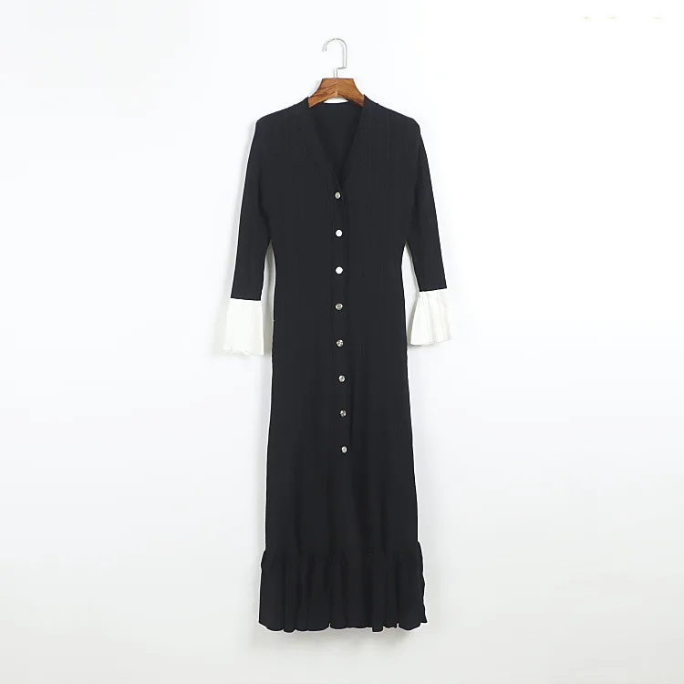 Vestido maxi de malha com nervuras feminino com decote em v botão contraste punhos manga longa em camadas plissado vestidos elegantes 2026 outono/inverno vestido