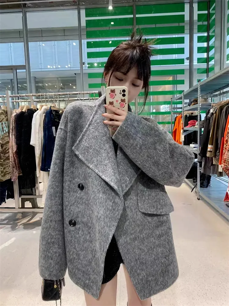 Grey Dragon Phoenix Woolen Coat Women 2024 New Autumn/Winter Korean High End Thick Long Sleeve Short Woolen Coat Trend