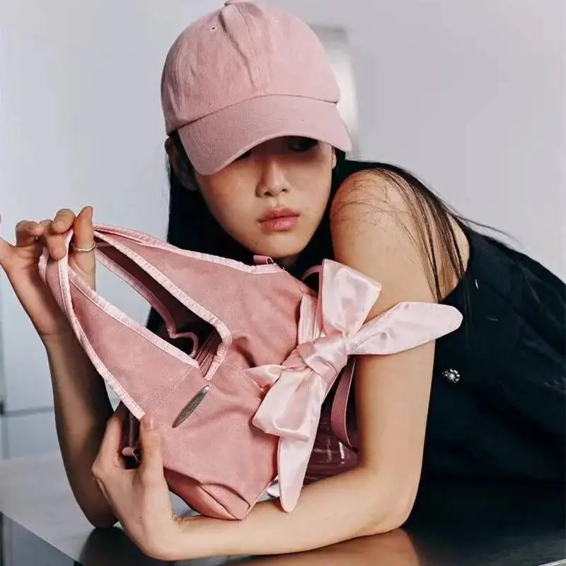 Bloom Haruku Bow Y2k Handbag Women Vintage Zipper Casual Crossbody Bags Purse Ladies Retro Handle Pink Messenger Bag Chic