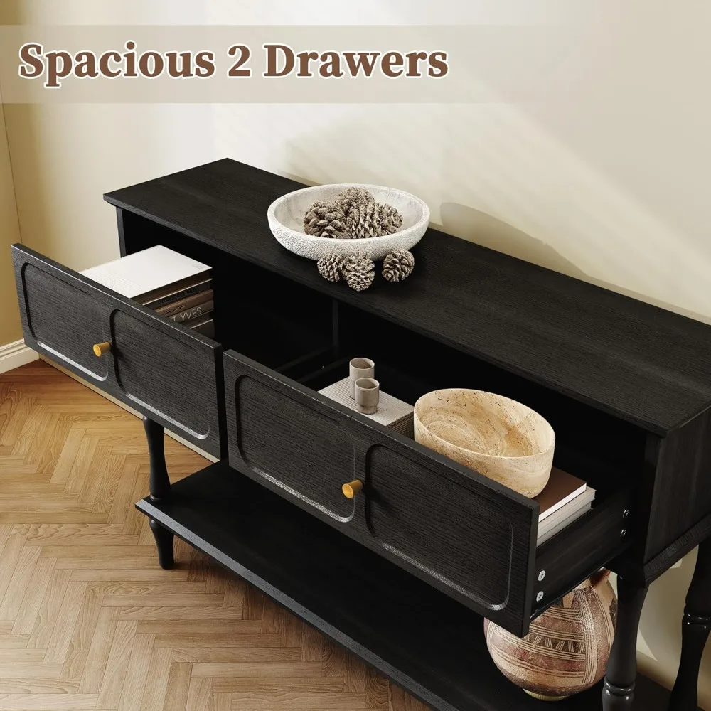 Mid-Century Console Table for Entryway with 2 Drawers, Black Retro Entryway Table with Storage Cabinets and Open Shelf