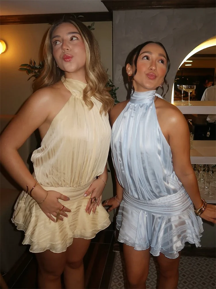 

Tossy Fashion Satin Elegant Mini Dress For Women Ruffled Sleeveless Patchwork Slim Halter Solid Party Dress Female Summer Dress