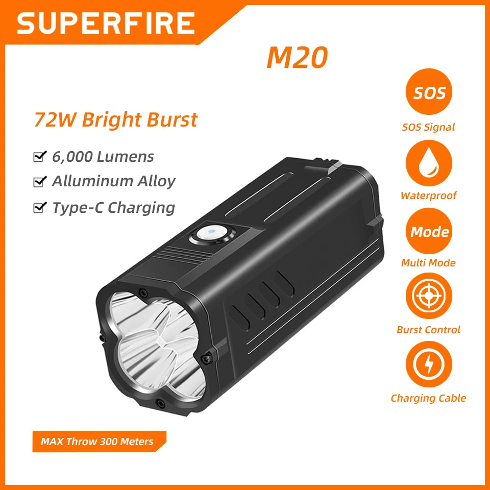 SUPERFIRE-linterna LED M20 xhp50 x 4, linterna de autodefensa recargable, ultrabrillante, 10000 lúmenes, función de Banco de energía