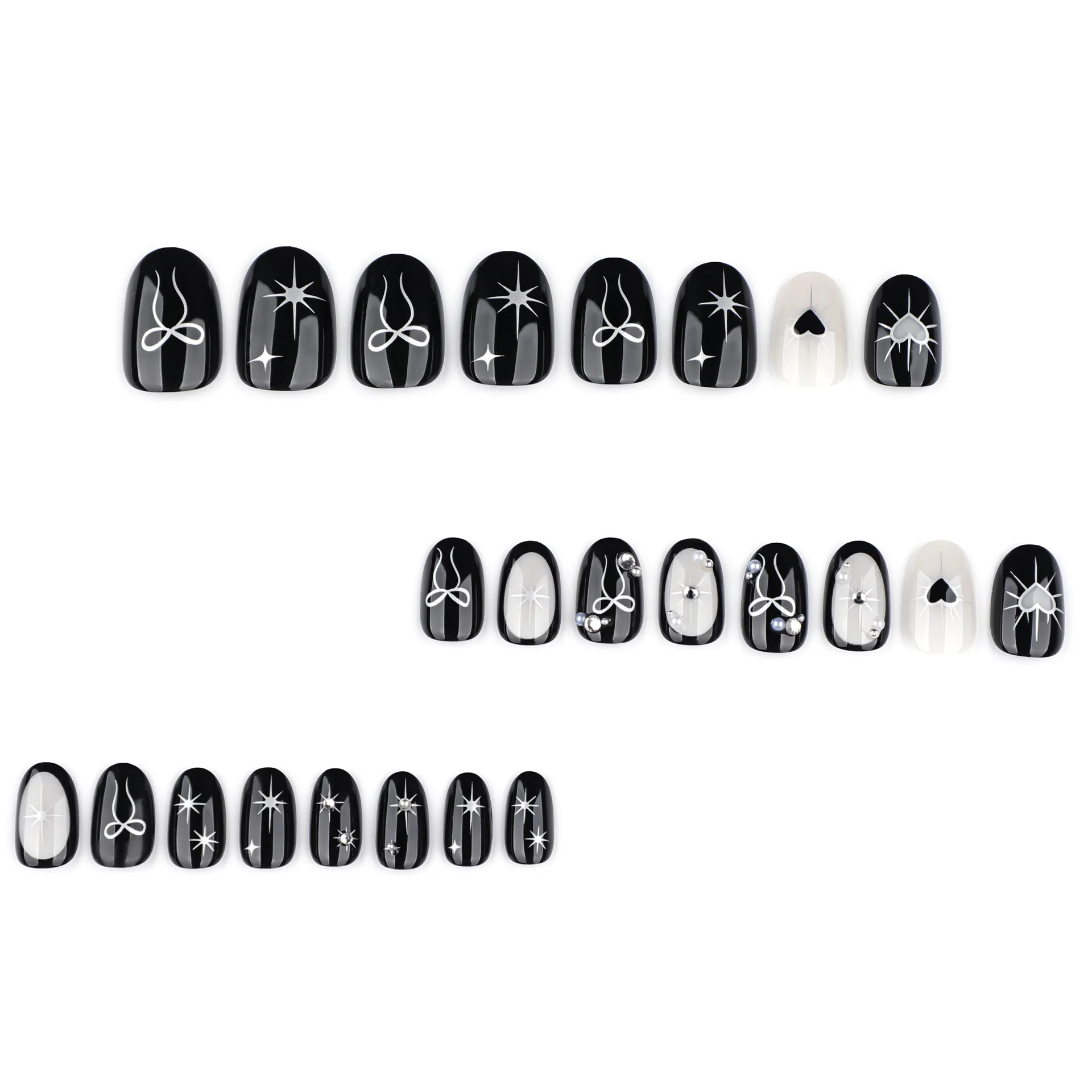 24 Uds. De uñas postizas negras de estilo gótico, diseños de lazos de corazón de amor plateado Y2k, puntas de uñas postizas cortas de almendra usables
