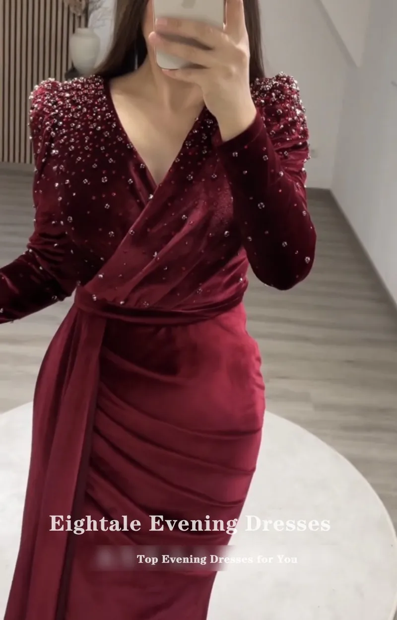 Eightale Velvet Evening Dress for Wedding Party V-Neck Beaded Sexy Side Slit Mermaid vestidos otoño invierno Burgundy Prom Gowns