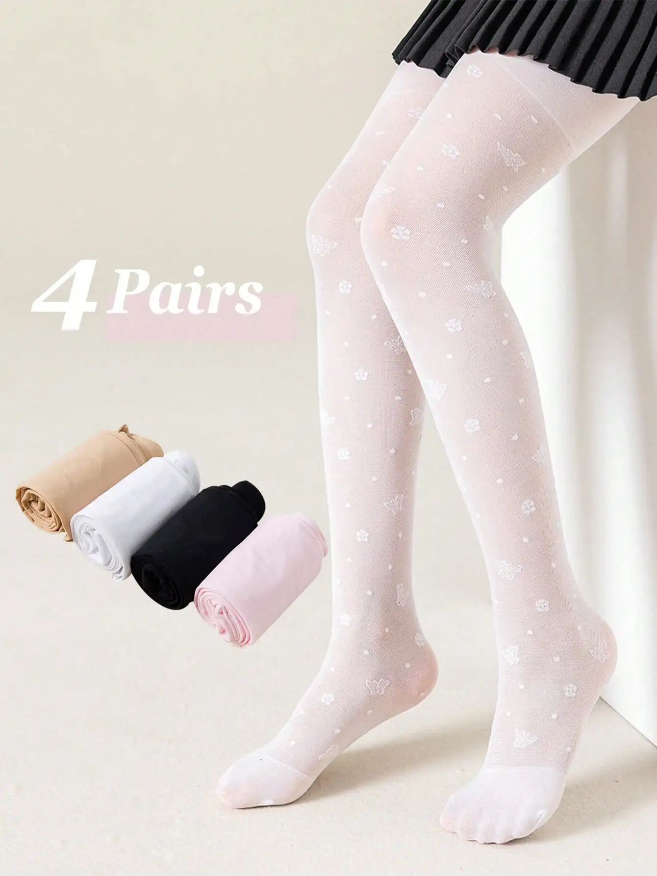 4-Pairs Girls Butterfly Print Sheer Tights 0-14Y Ultra-Thin Breathable Anti-Snag Kids Pantyhose For Summer Dress & Daily Wear