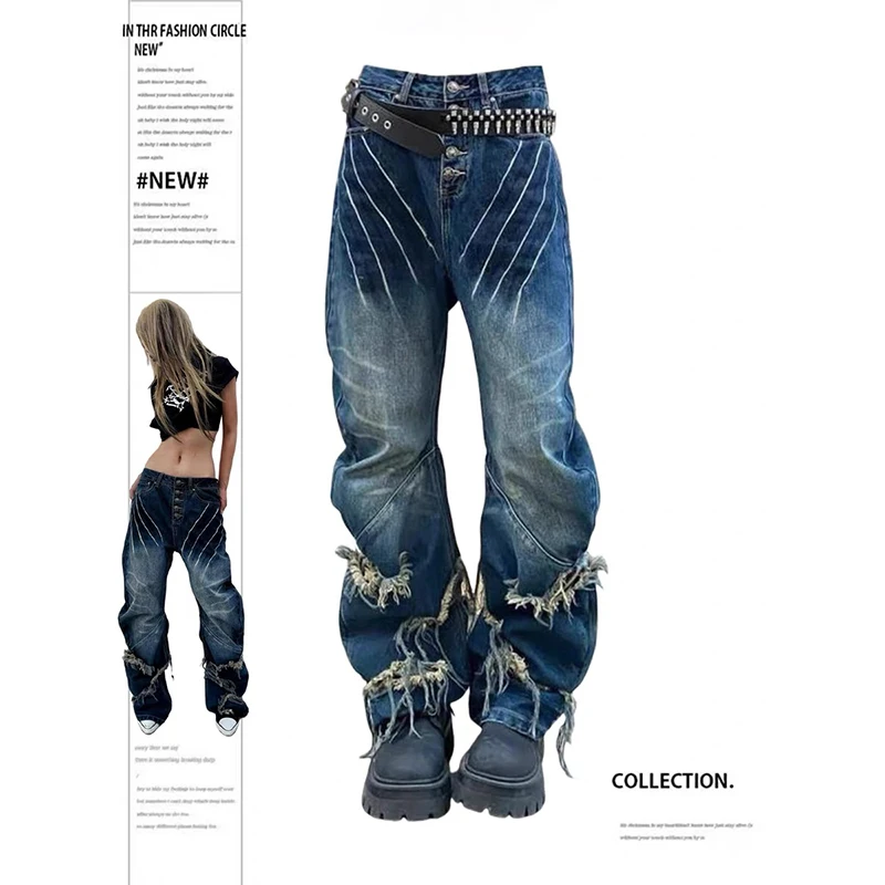 

ZHIZOU Autumn Women Goblin Core Harajuku Jean Japanese Abi Y2K Streetwear Tassels Denim Pants Grunge Cyber Punk Dark Academia