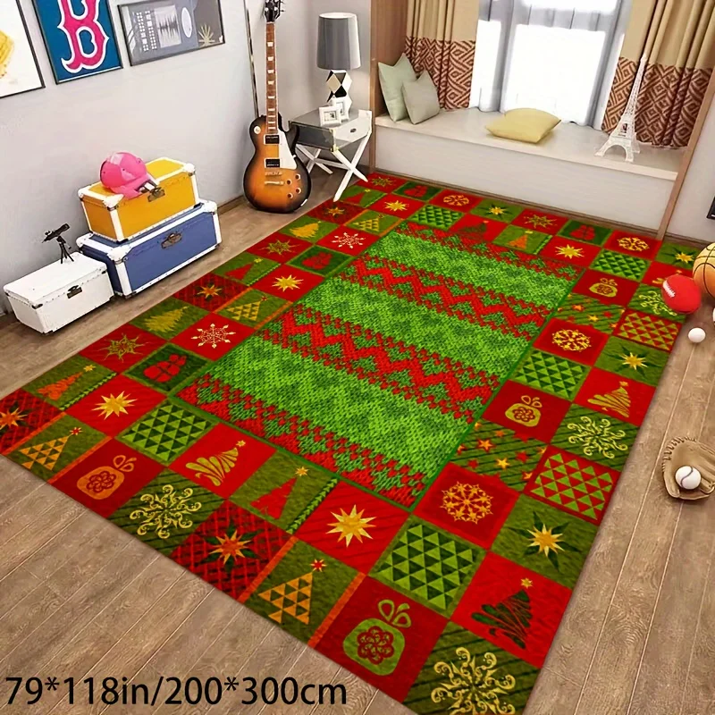 2D Flat Christmas Patchwork Area Rug, Red Green Check, Christmas Tree Snowflake Gift Print, Floor Decor for Living Room Bedroom