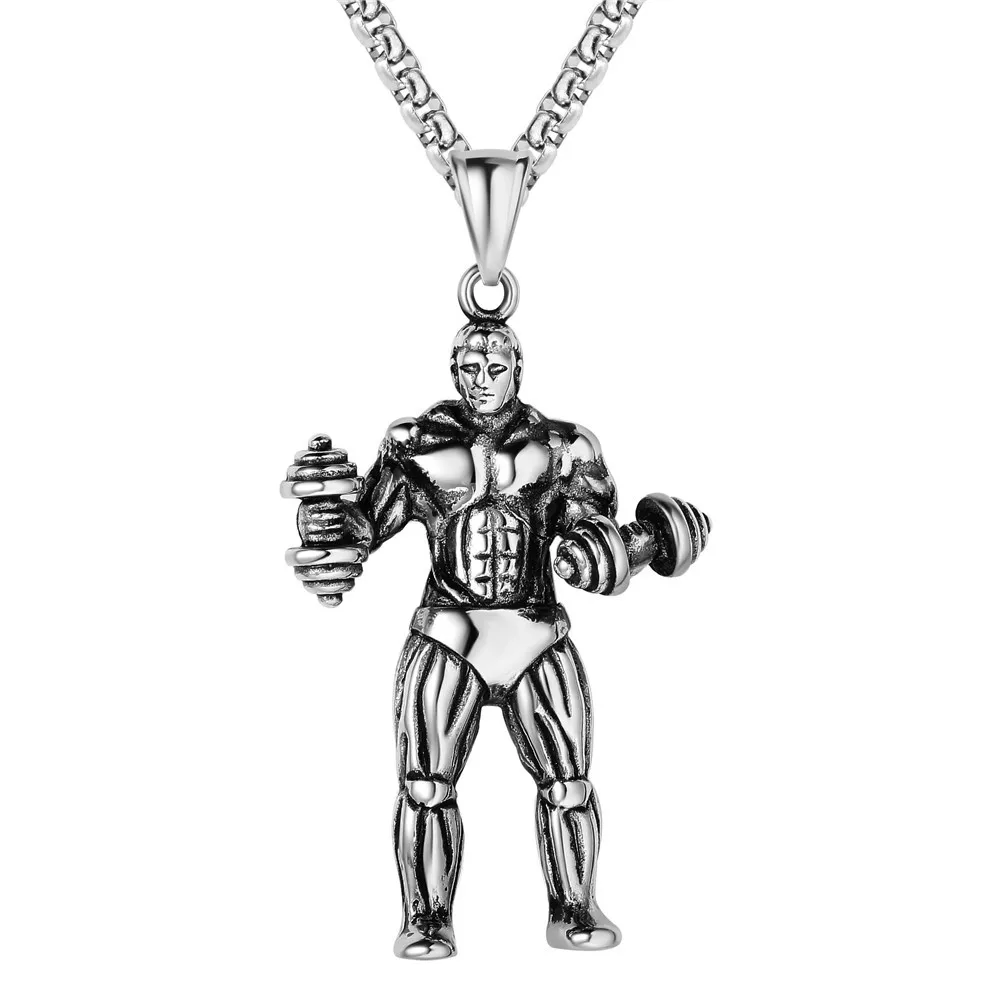 New Vintage Muscle Men's Fitness Dumbbell Pendant Charm Men's Necklace Fashion Hip Hop Jewelry Accessories Party Gift Wholesale