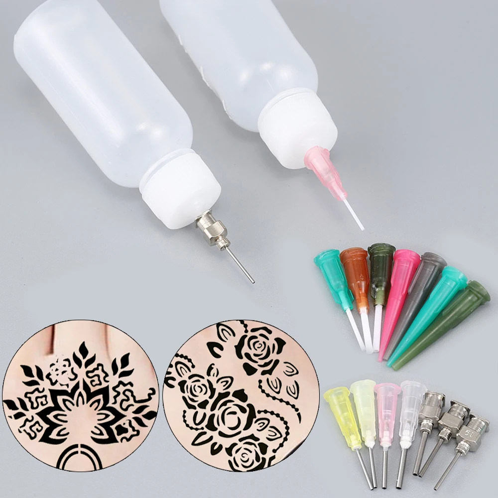 2 Bottles 16 Nozzles Henna Applicator Bottles Kit for Stencil Tattoo Painting Body Paint Multi Purpose Precision Applicator Set