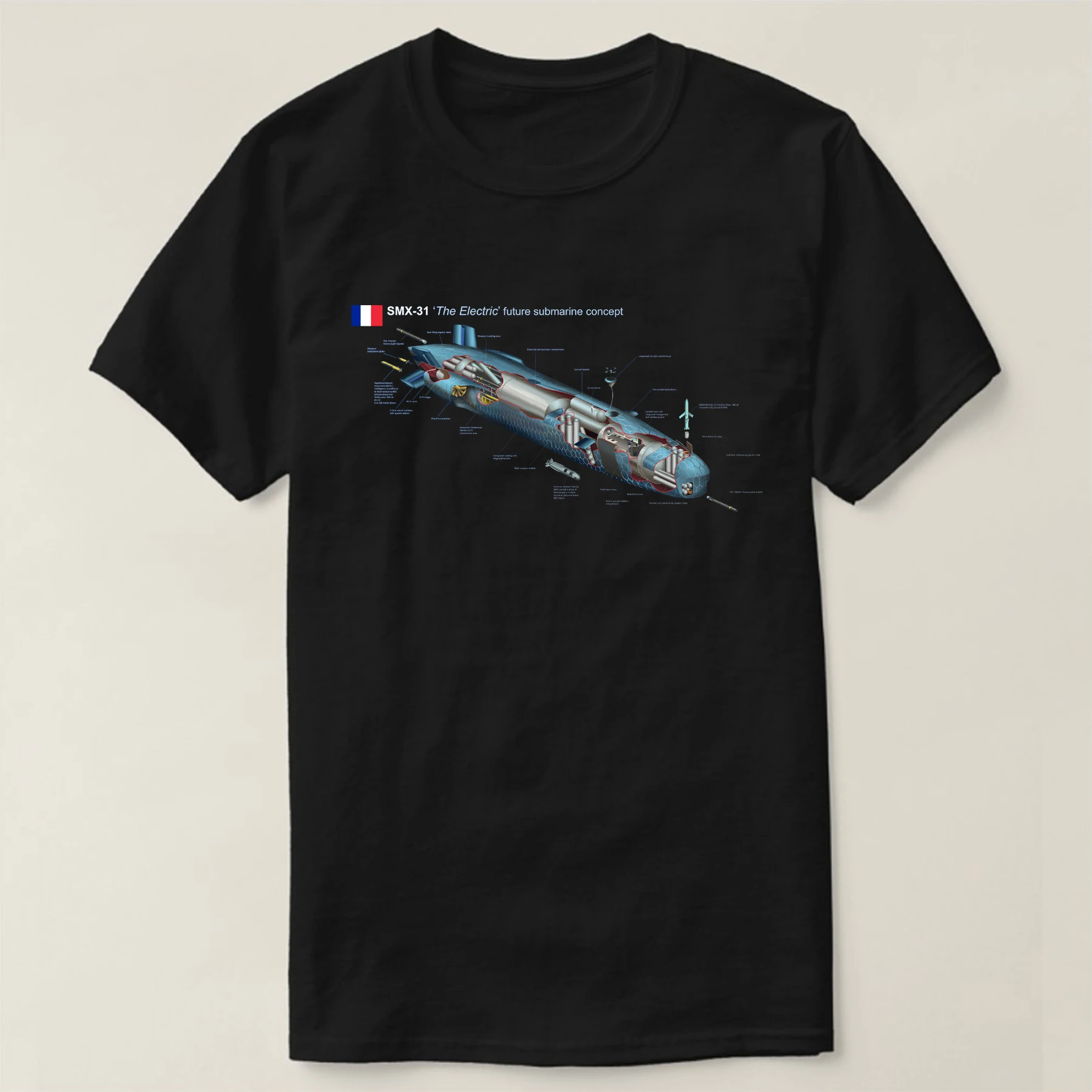 フランスSMX-31の未来的な対潜水艦のTシャツ。メンズ半袖ラウンドネックTシャツ,コットン100%,カジュアルスタイル