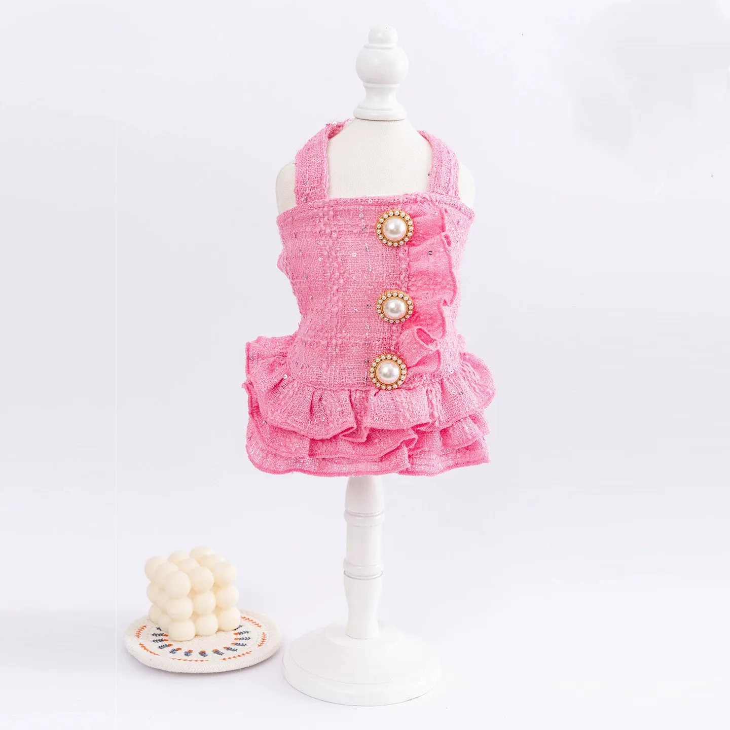 Pink Sequin Luxury Handcrafted Pearl Button Lady Style Winter Pet Dress Maltese Terrier Puppy Version