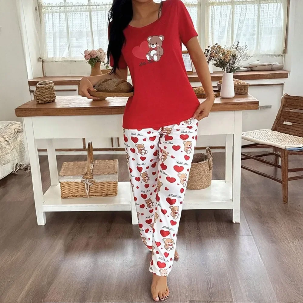 Women Fashion Print Pajama Set Short Sleeve Top Straight Long Pants Soft Loungewear Wearable Outside 2Pcs Homewear Sleepwear