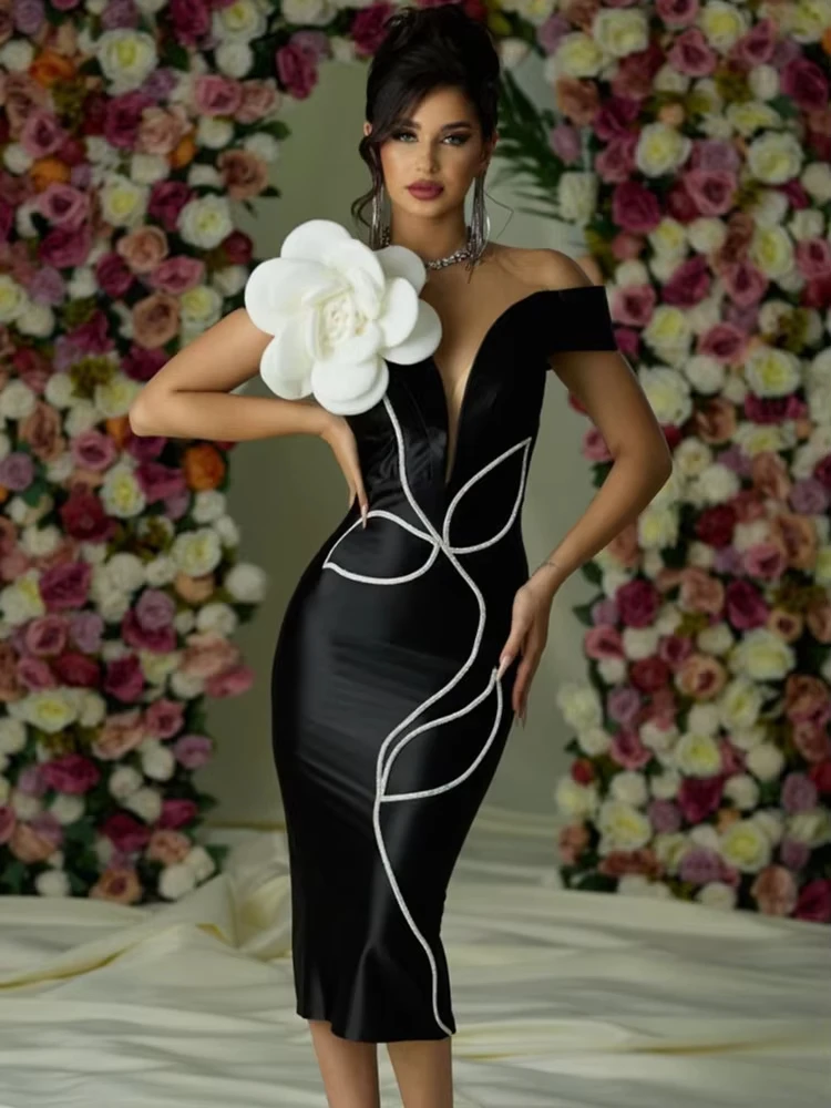 Women Sexy Off Shoulder Black Bandage Long Dress Celebrity Flowers Evening Party Bithday Celebrate Outfit Summer Fashion Gowns