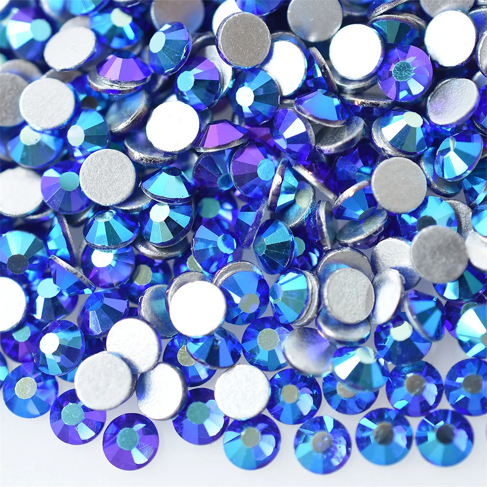 SS3-30 1440PCs Sapphire Blue AB Glass 3D Nail Art Decorations Flatback Rhinestones Non HotFix Glue on Crystal Wedding Dress 050