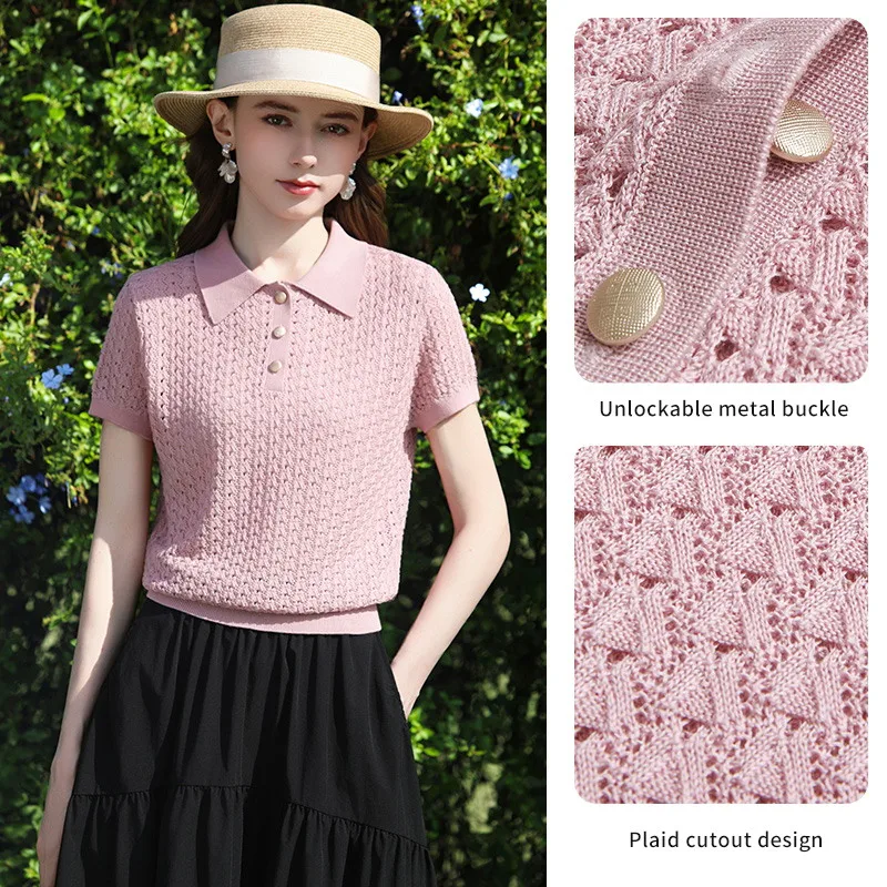 I BELIEVE YOU Short-Sleeved  Polo Collar Knit T-shirt 2026 Spring New Plaid Hollow-out Loose Gentle Tops for Women 2261146256